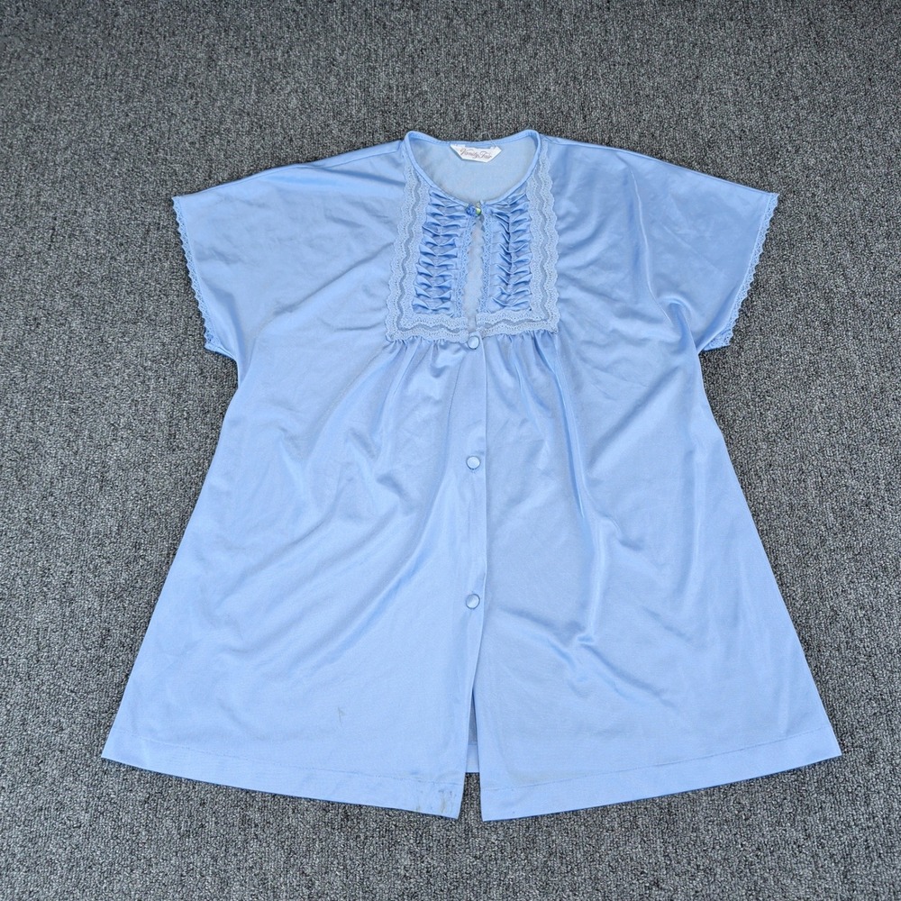 Vanity Fair Womens Bed Jacket Small Blue Nylon Vintage Lace Ruffle‎ Short Sleeve